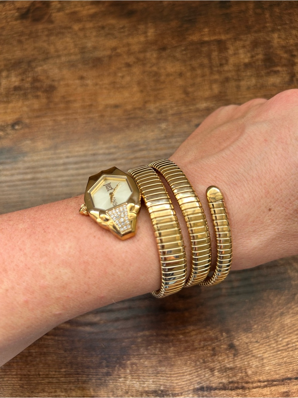 JUST CAVALLI Gold Snake Coil Bracelet Wrist Watch with Crystal Accent - Picture 3 of 5